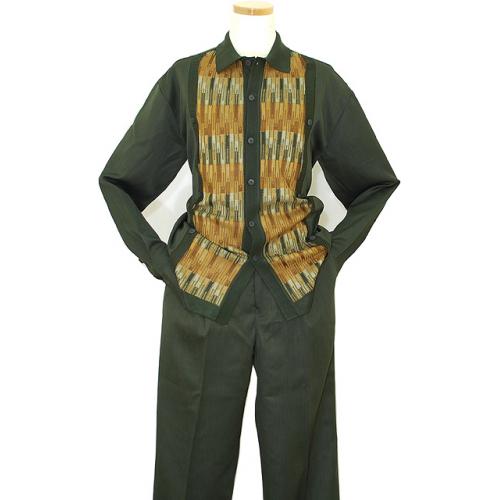 Silversilk Forest Green With Earth Tone Hand Stitched Abstract Design 2 PC Knitted Outfit 5411